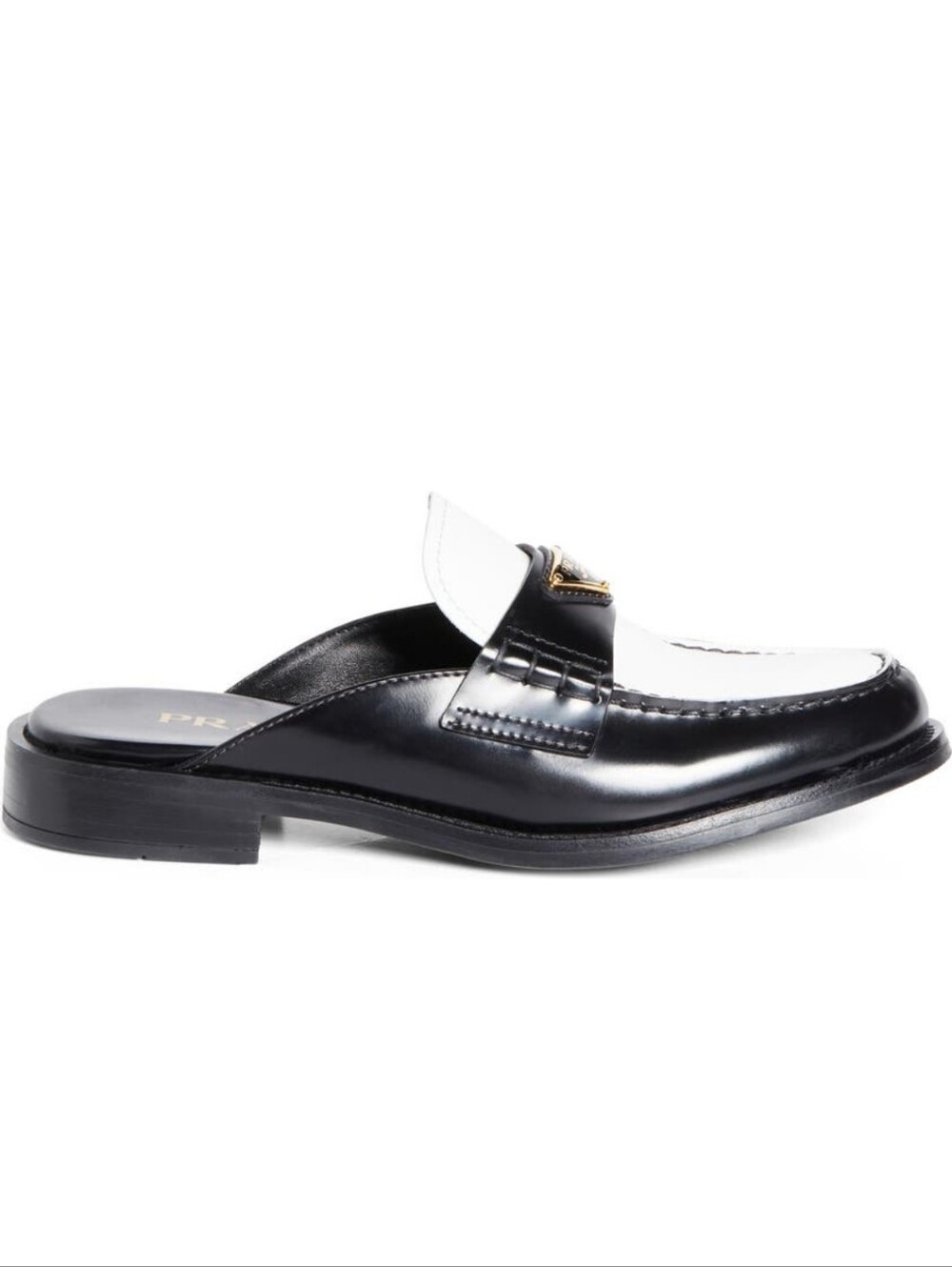$1,200 Prada Brushed Leather Bi-color Triangle Logo Loafer Mule EU 38 US 8 BNIB - Picture 4 of 13